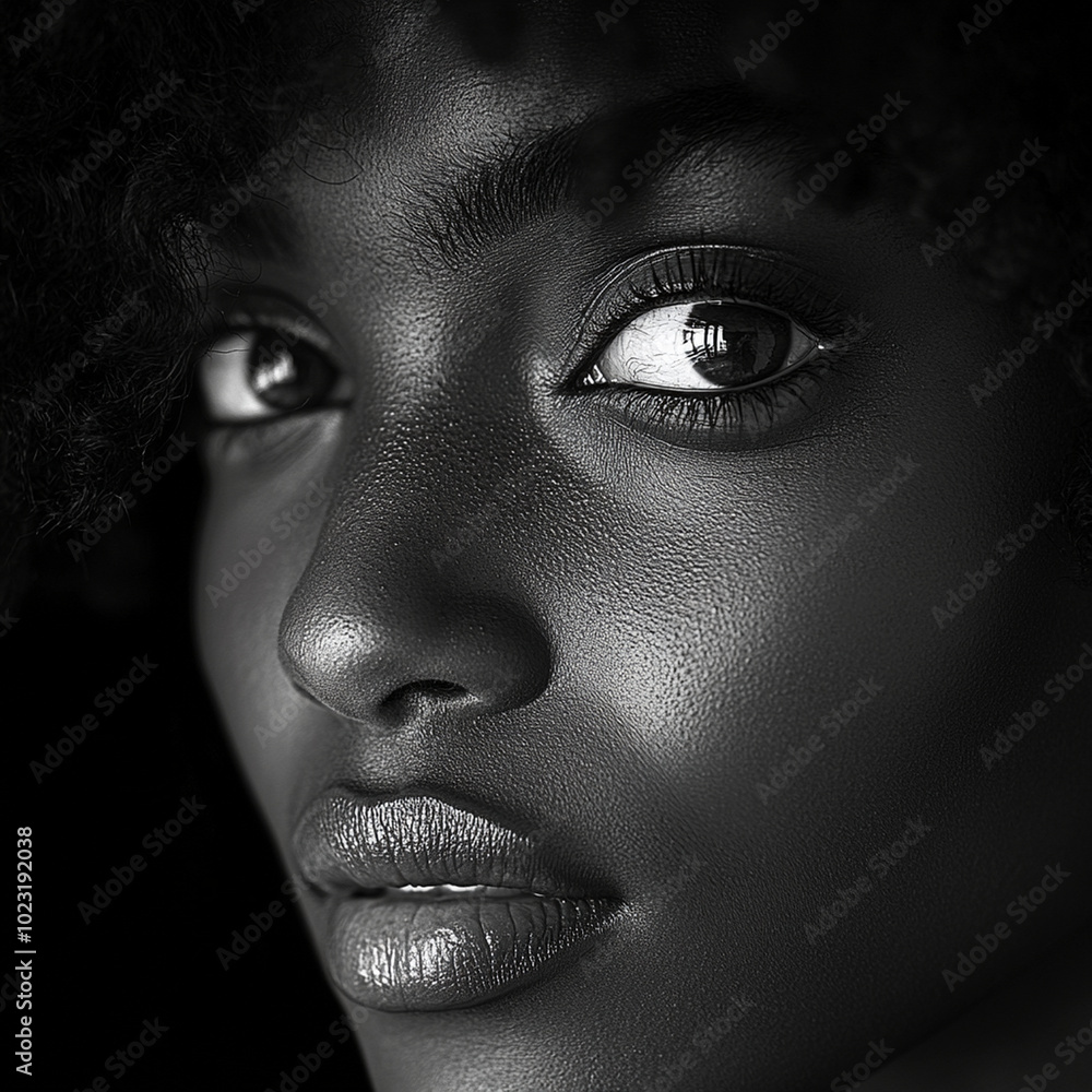This striking black and white photograph captures intense gaze of beautiful woman, highlighting her expressive features and textured skin. contrast emphasizes her captivating eyes and natural beauty, This striking black and white photograph captures intense gaze of beautiful woman, highlighting her expressive features and textured skin. contrast emphasizes her captivating eyes and natural beauty,