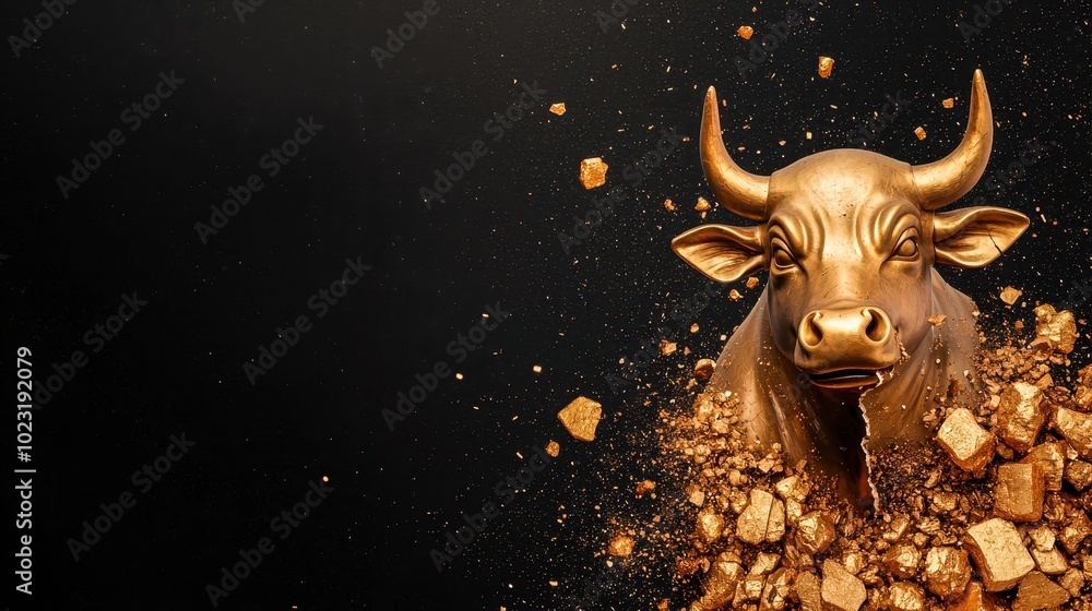 A striking golden bull breaking through a wall of rocks, symbolizing strength and prosperity on a dark background. A striking golden bull breaking through a wall of rocks, symbolizing strength and prosperity on a dark background.