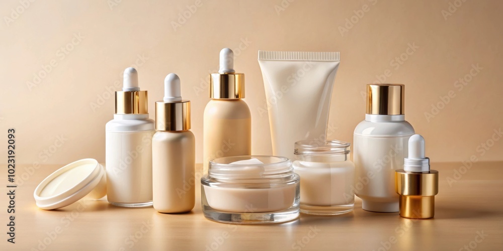 Various cosmetic textures of face cream, serum and lotion on beige background, promoting smooth and healthy skin, cosmetics Various cosmetic textures of face cream, serum and lotion on beige background, promoting smooth and healthy skin, cosmetics