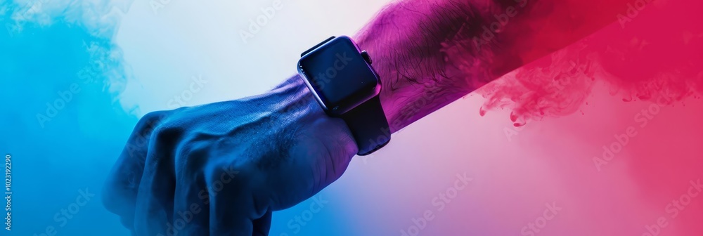 Close-up of a wrist wearing a smartwatch, with blue and red smoke behind it. Close-up of a wrist wearing a smartwatch, with blue and red smoke behind it.