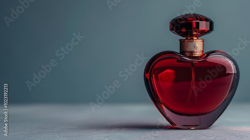 Elegant red heart-shaped perfume bottle on a gray background.