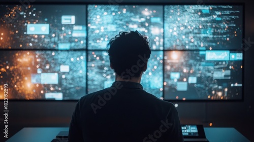 Back view of a man engaging with multiple interactive panels showing diverse social media platforms, analyzing the fast-paced, interconnected world of metaverse data.