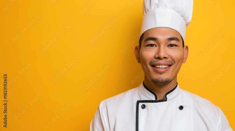 Smiling Asian chef in white uniform and toque on yellow background. Smiling Asian chef in white uniform and toque on yellow background.