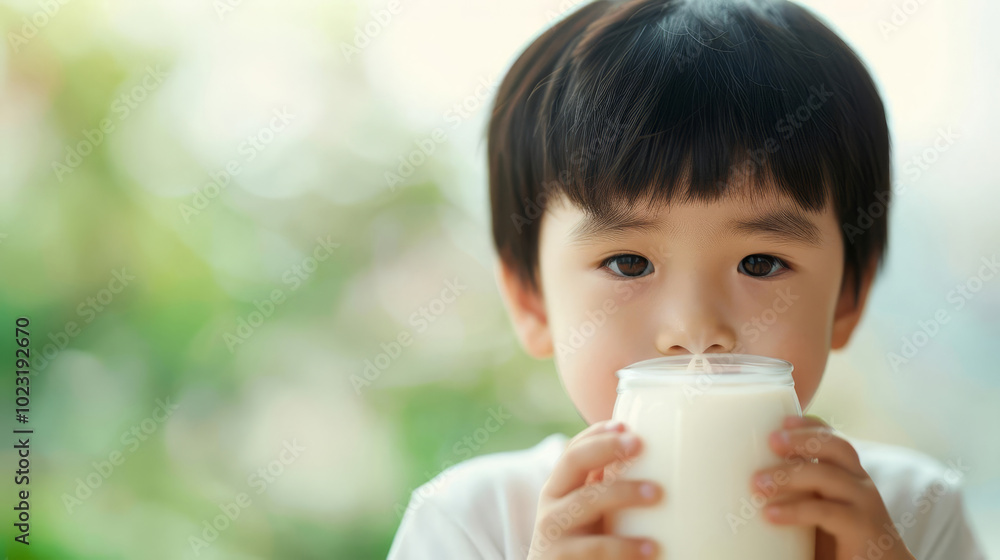 Image of an Asian child drinking milk, highlighting health With copy space Image of an Asian child drinking milk, highlighting health With copy space
