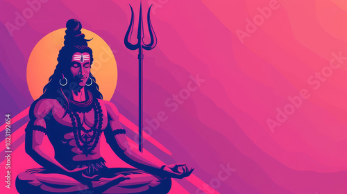 Hindu deity Shiva meditating with trident, colorful art style. photo