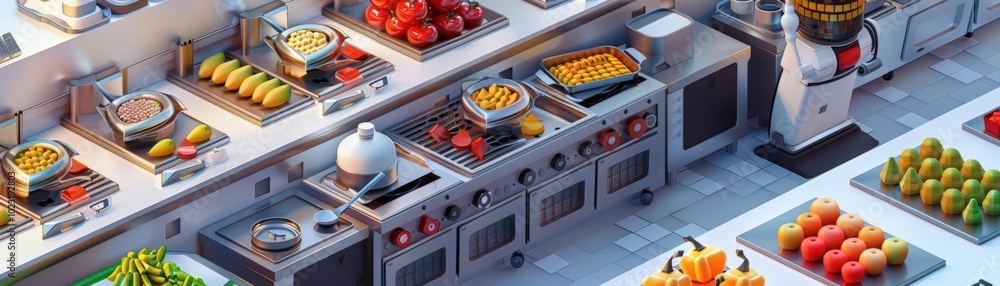 a culinary laboratory from a birds-eye viewpoint Show robotic sous chefs elegantly preparing vibrant dishes with a color palette reminiscent of a luscious fruit orchard - think ric a culinary laboratory from a birds-eye viewpoint Show robotic sous chefs elegantly preparing vibrant dishes with a color palette reminiscent of a luscious fruit orchard - think ric