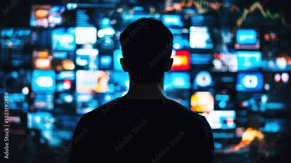 Back view of a man analyzing diverse social media channels on several interactive screens, immersed in the visualization of big data and global online communities. Back view of a man analyzing diverse social media channels on several interactive screens, immersed in the visualization of big data and global online communities.
