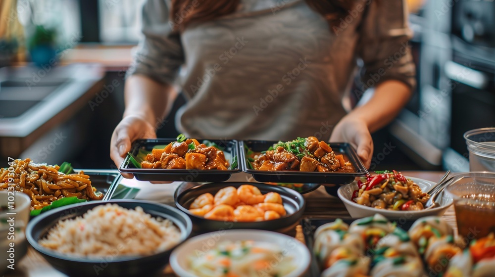A person selects food from an array of takeout containers while preparing to enjoy a meal at home with a diverse selection of dishes A person selects food from an array of takeout containers while preparing to enjoy a meal at home with a diverse selection of dishes