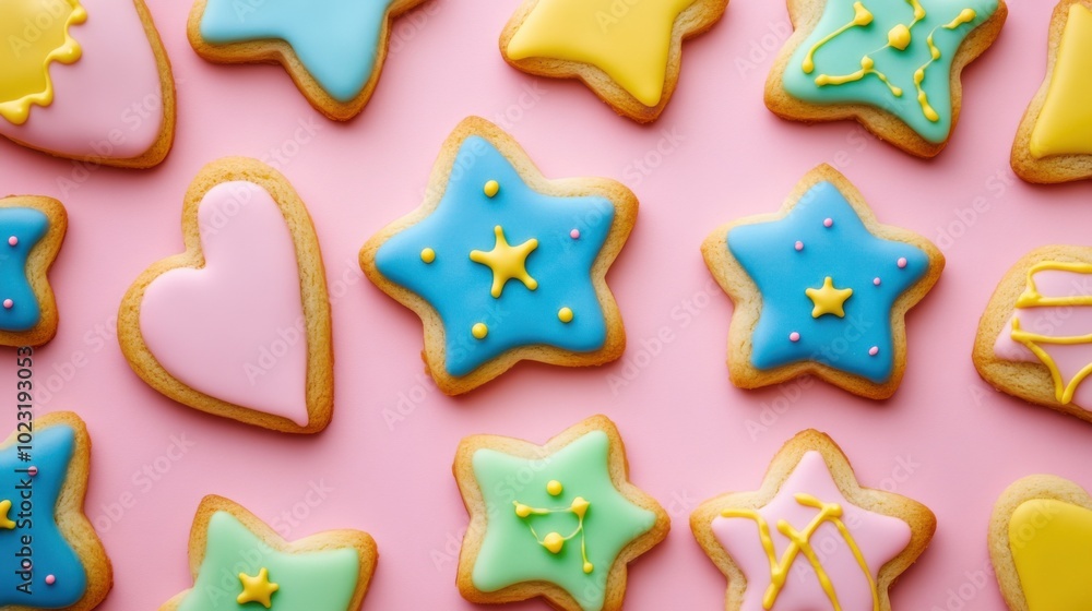 Brightly decorated sugar cookies in shapes of stars and hearts, featuring icing in blue, green, and yellow, laid out on a pink background for a cheerful look. Brightly decorated sugar cookies in shapes of stars and hearts, featuring icing in blue, green, and yellow, laid out on a pink background for a cheerful look.