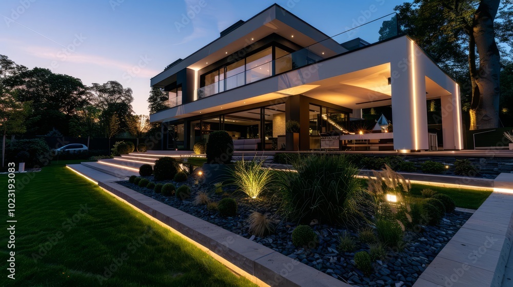 Modern house with outdoor lighting at night. Modern house with outdoor lighting at night.