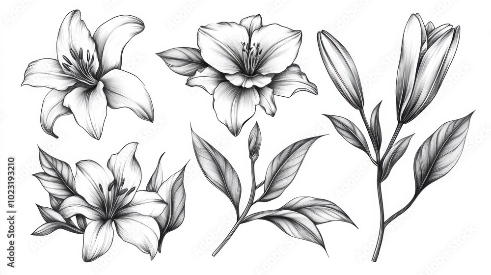 Obraz premium A set of lilies and leaves in a tattoo design, featuring elegant floral lines with black and white sketch engraving in scratchboard imitation style.