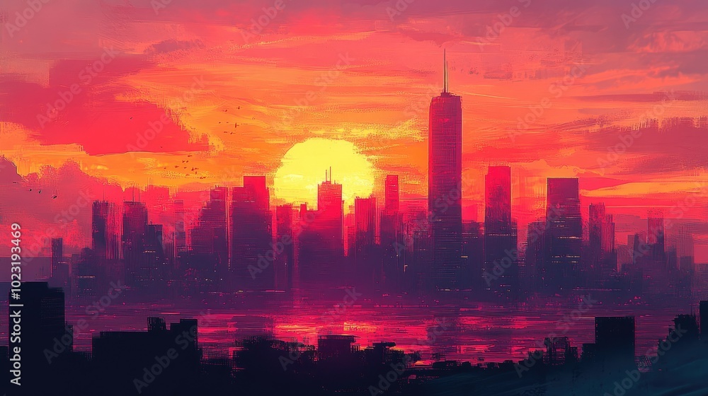 A majestic sunset over a city skyline, with the buildings silhouetted against a sky ablaze with pink and orange hues. A majestic sunset over a city skyline, with the buildings silhouetted against a sky ablaze with pink and orange hues.