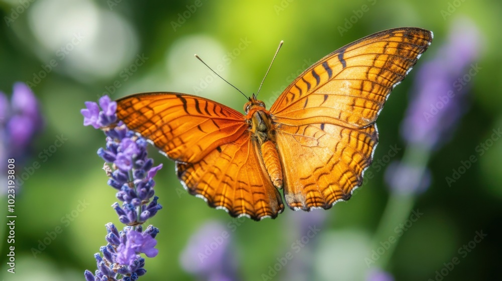 Obraz premium Close-up of a vibrant orange butterfly perched on a soft lavender flower. Delicate wings with intricate patterns illuminated by gentle sunlight. Blurred green background for contrast.
