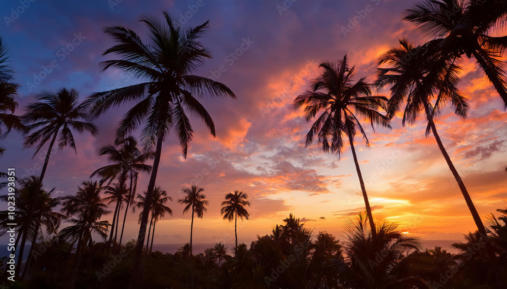 Silhouette of coconut palm trees near beach at sunset. Silhouette of coconut palm trees near beach at sunset.