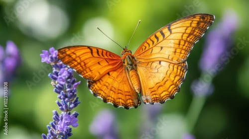 Close-up of a vibrant orange butterfly perched on a soft lavender flower. Delicate wings with intricate patterns illuminated by gentle sunlight. Blurred green background for contrast.