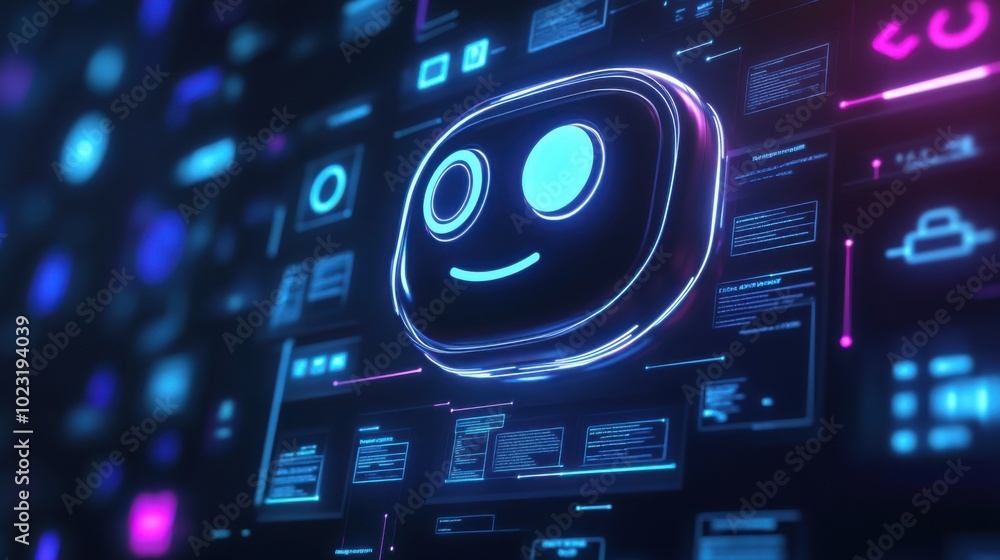 Obraz premium Chatbot driven by artificial intelligence creating secure, encrypted global data connections, with virtual control panels displaying network status and real-time analytics.