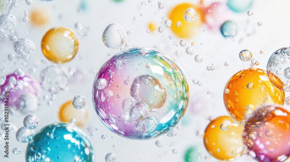 Bright transparent bubbles with colorful reflections on a white background Bright transparent bubbles with colorful reflections on a white background