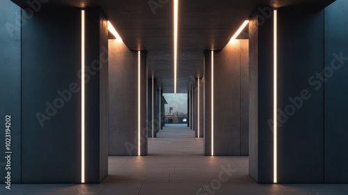 An open concrete corridor featuring sleek pillars and linear ceiling lights, leading to a rooftop terrace with stunning views of the skyline, blending indoor and outdoor spaces.