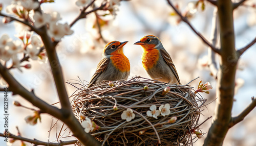 A pair of birds constructing a nest in a blooming tree, symbolizing new beginnings and nature's beauty.