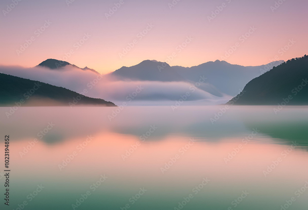 Obraz premium lake, water, sunset, landscape, sky, mountain, nature, sunrise, mountains, reflection, sea, clouds, dawn, forest, sun, fog, cloud, morning, calm, tranquil, view, blue, dusk, scenery, beauty