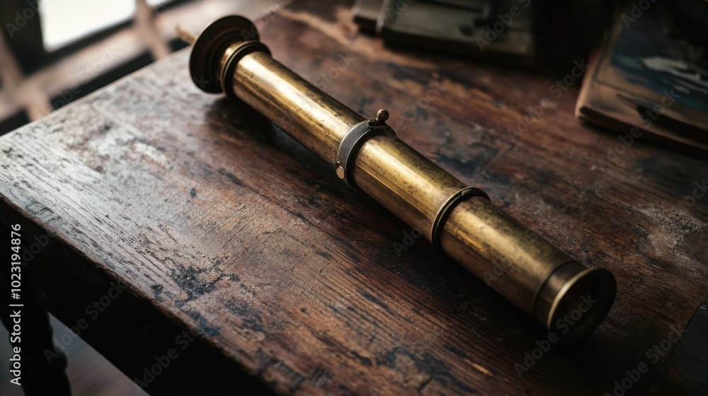Obraz premium Close-up of an antique bronze telescope resting on an old wooden desk. Soft natural light illuminating the patina on the metal and casting shadows on the wooden surface.