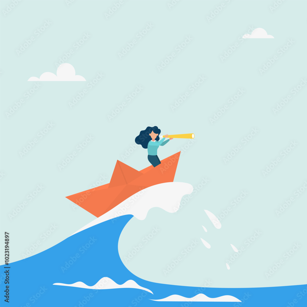 Character surfing the sea waves on a paper boat. Deal with crises with patience and foresight. Vector illustration. Character surfing the sea waves on a paper boat. Deal with crises with patience and foresight. Vector illustration.
