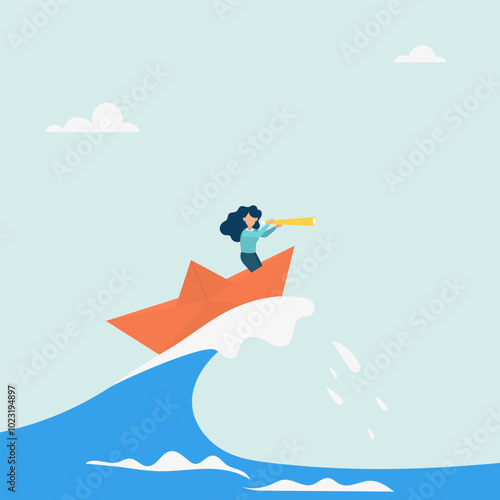 Character surfing the sea waves on a paper boat. Deal with crises with patience and foresight. Vector illustration.