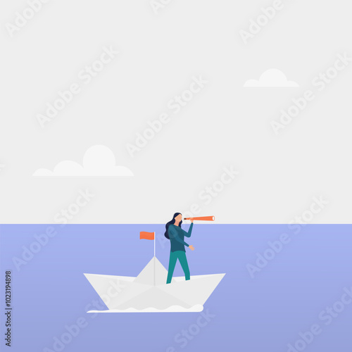 A business leader looks through binoculars at paper boats, challenging the crisis. Vector illustration.	