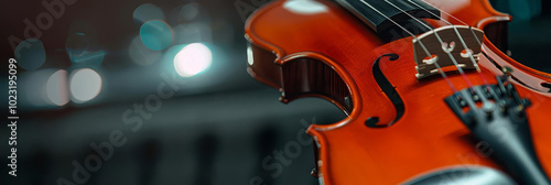 Closeup of a violin body with bokeh lights in the background. photo