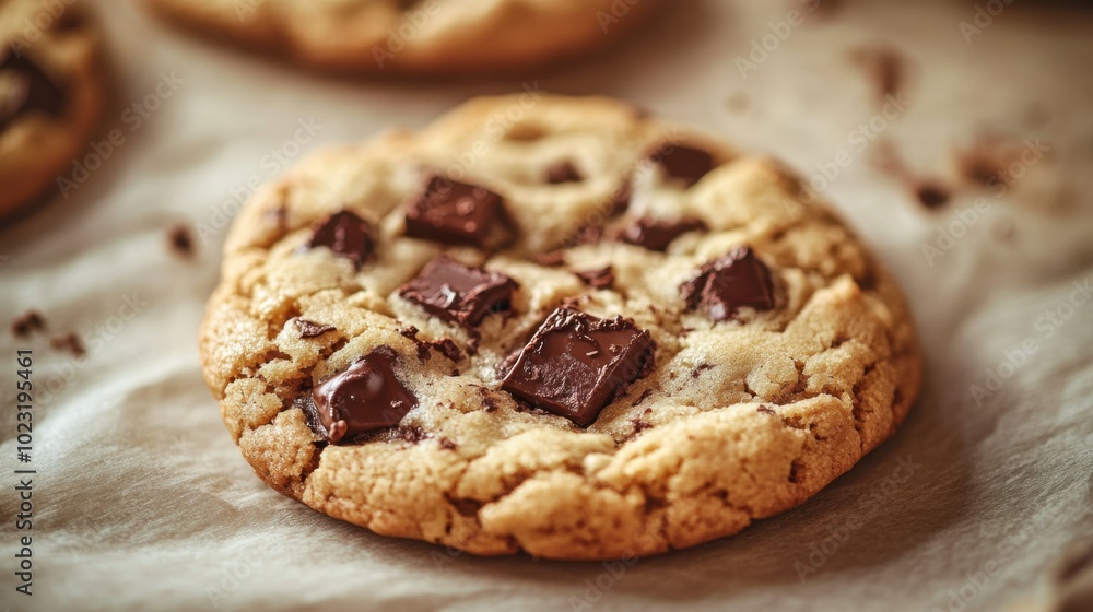 Close-up of a freshly baked chocolate chip cookie with melted chocolate chunks, resting on a sheet of parchment paper. Warm light highlighting the gooey texture. Close-up of a freshly baked chocolate chip cookie with melted chocolate chunks, resting on a sheet of parchment paper. Warm light highlighting the gooey texture.