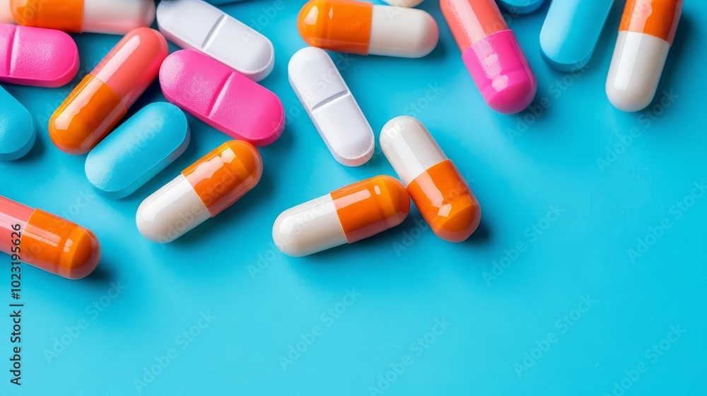 Colorful pills and capsules scattered on a blue background. Colorful pills and capsules scattered on a blue background.