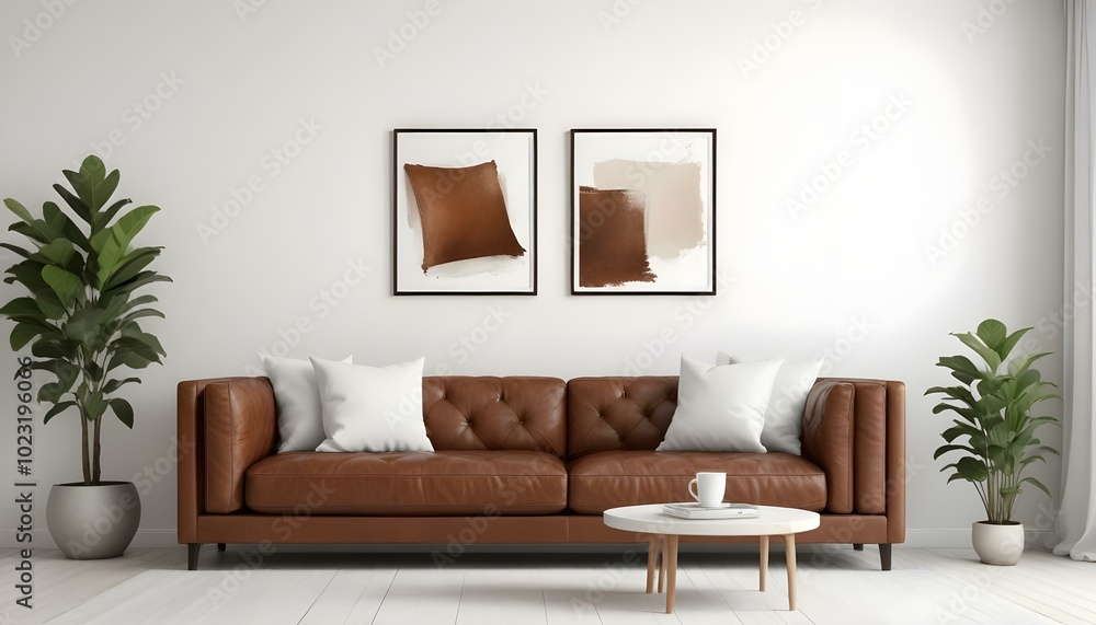 A modern living room with a large brown leather sofa, white throw pillows, and two Blank Canvas on the wall. A modern living room with a large brown leather sofa, white throw pillows, and two Blank Canvas on the wall.