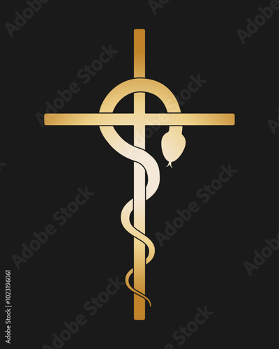 Nehushtan symbol. Bronze snake or serpent around cross. Christianity and judaism sign. Vector illustration image.