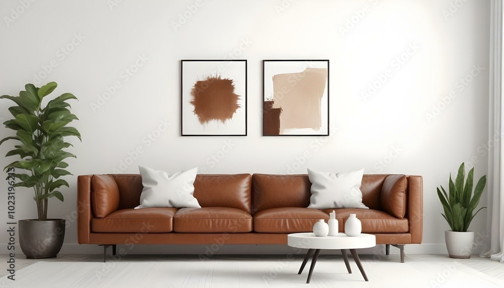Fototapeta premium A modern living room with a large brown leather sofa, white throw pillows, and two Blank Canvas on the wall.