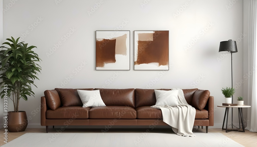 A modern living room with a large brown leather sofa, white throw pillows, and two Blank Canvas on the wall. A modern living room with a large brown leather sofa, white throw pillows, and two Blank Canvas on the wall.