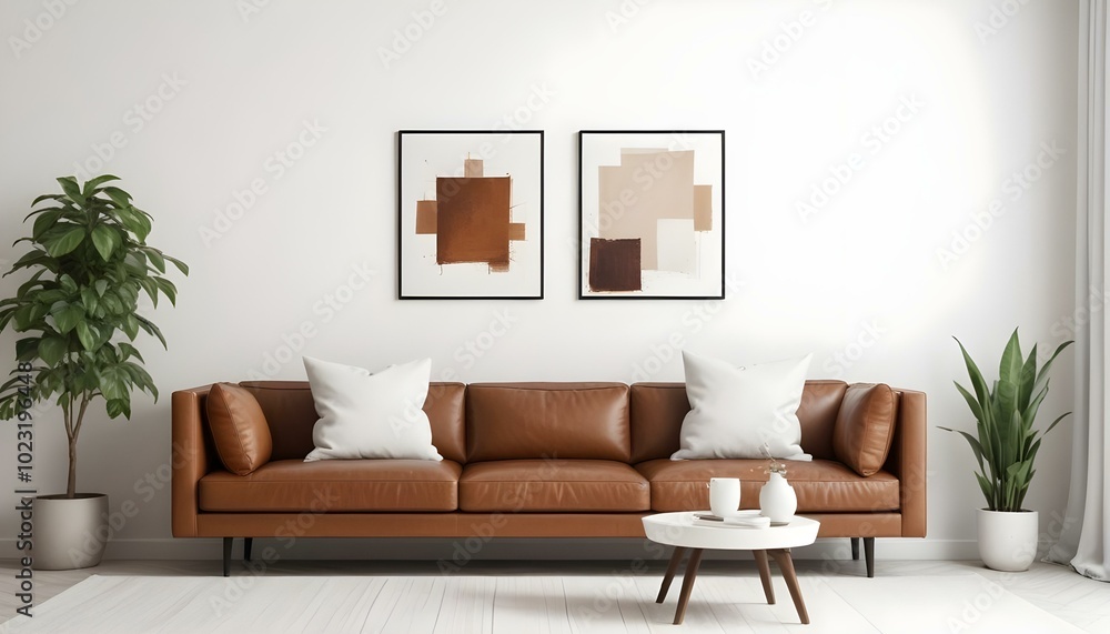 Naklejka premium A modern living room with a large brown leather sofa, white throw pillows, and two Blank Canvas on the wall.