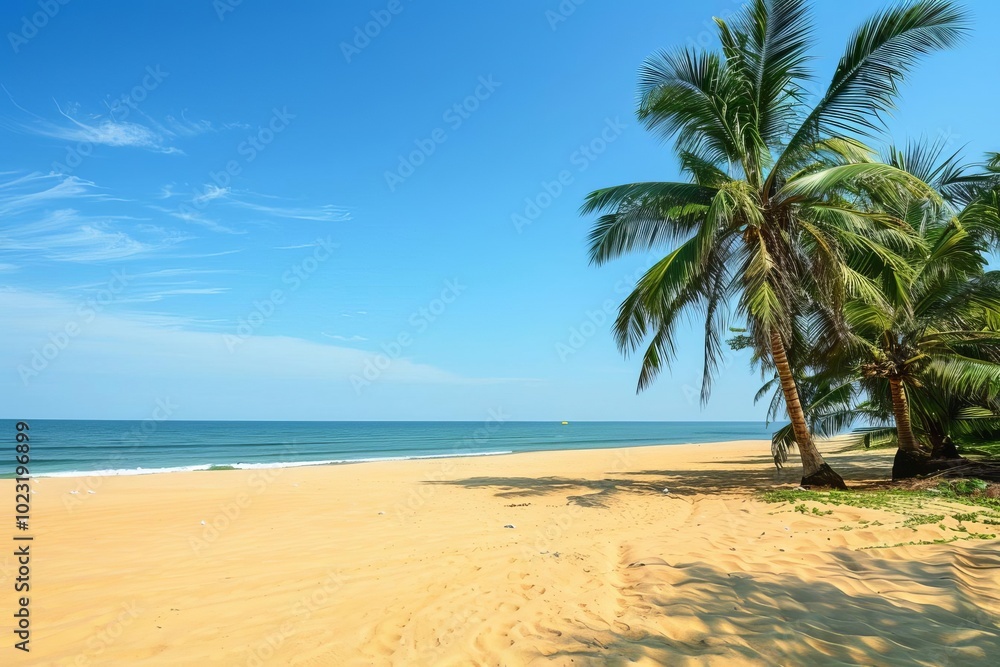 A tropical beach with golden sand and palm trees, represents a summer vacation paradise, with copy space A tropical beach with golden sand and palm trees, represents a summer vacation paradise, with copy space