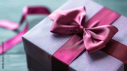 Purple gift box with ribbon on wooden background