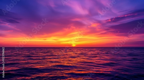 Vibrant sunset over the ocean with colorful clouds.