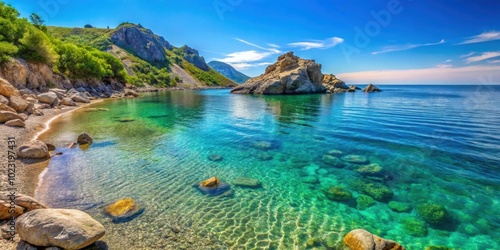 Tranquil rocky beach with beautiful turquoise sea water in Crimea, rocks, beaches, turquoise water, exotic