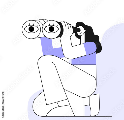 woman look through binoculars. Subject of searching of future opportunities and new ideas. Flat vector illustration.