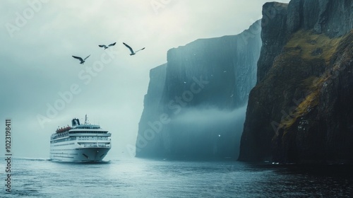 Cruise Ship Navigating Through Misty Fjord and Cliffs photo