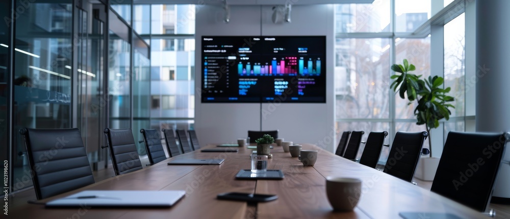 A modern conference room with a long table and office chairs faces a large digital display showcasing colorful data visualization. A modern conference room with a long table and office chairs faces a large digital display showcasing colorful data visualization.