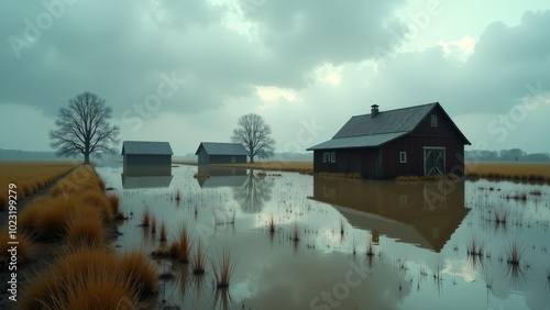 A misty rural landscape featuring two red barns flanking a flooded irrigation canal. The scene is set against a backdrop of bare trees and distant farm buildings, creating an atmospheric view of agric photo