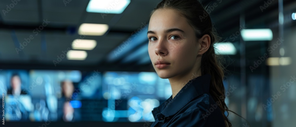 A confident woman stands in a dim control room, illuminated by glows from multiple screens, reflecting analytical focus and high-tech innovation. A confident woman stands in a dim control room, illuminated by glows from multiple screens, reflecting analytical focus and high-tech innovation.