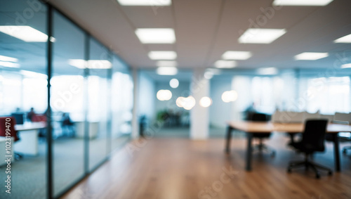 Blurred image of modern office interior with bokeh lights.