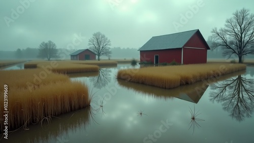 A misty rural landscape featuring two red barns flanking a flooded irrigation canal. The scene is set against a backdrop of bare trees and distant farm buildings, creating an atmospheric view of agric photo