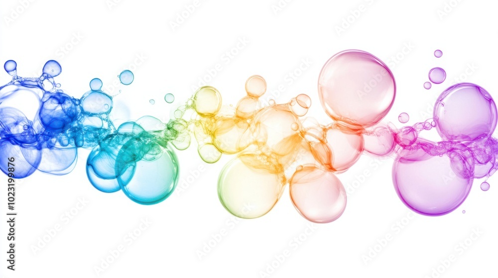 Iridescent liquid bubbles in bright colors floating on a clean white background Iridescent liquid bubbles in bright colors floating on a clean white background
