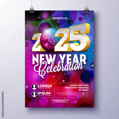 Happy New Year 2025 Party Celebration Poster Template Illustration with Shiny Disco Ball and 3d Typography Lettering on Colorful Background. Vector New Year Eve Holiday Design. Premium Invitation