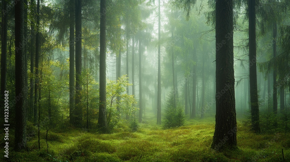 A misty forest with fog hanging low among the trees, creating a mysterious and tranquil atmosphere. A misty forest with fog hanging low among the trees, creating a mysterious and tranquil atmosphere.